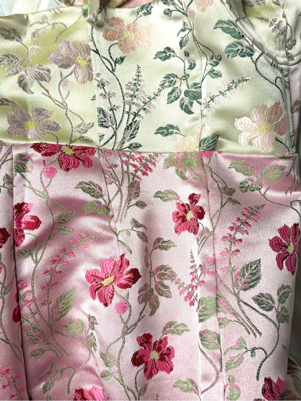 LoveShackFancy Floral Jacquard Bustier Midi Dress Pink Green Ivory Bow Strap 2 - Picture 5 of 12